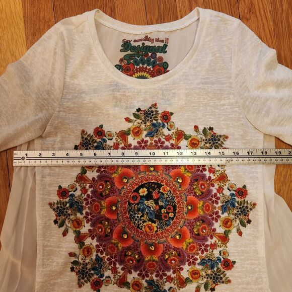 Desigual Prisca White L/S High Low Top, Colorful Mandala, Sheer Pleats, Sz 8 - Picture 12 of 13